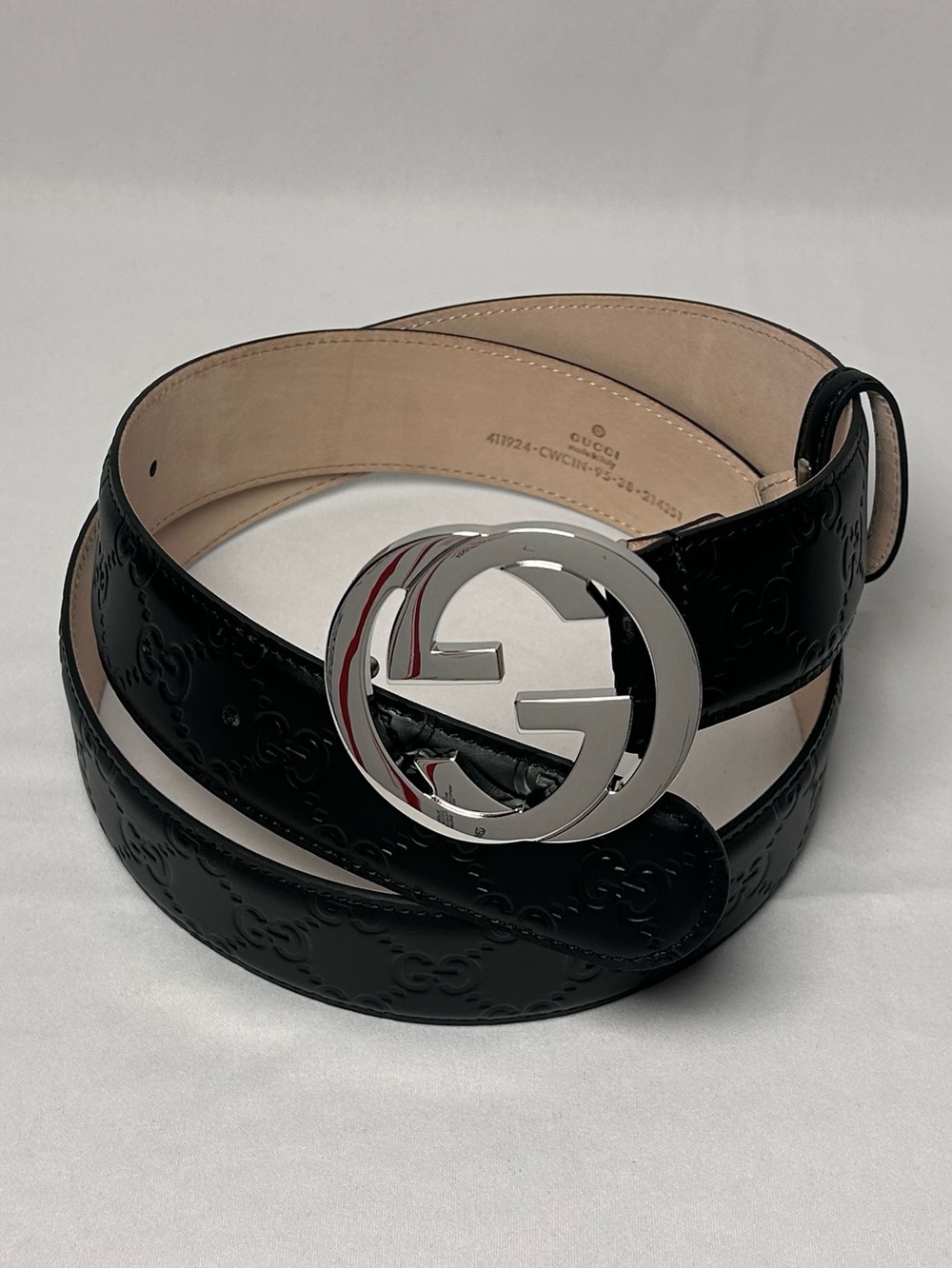 Gucci Men's Black Embossed GG Leather Belt with Silver Interlocking G Buckle 44 - Picture 8 of 9